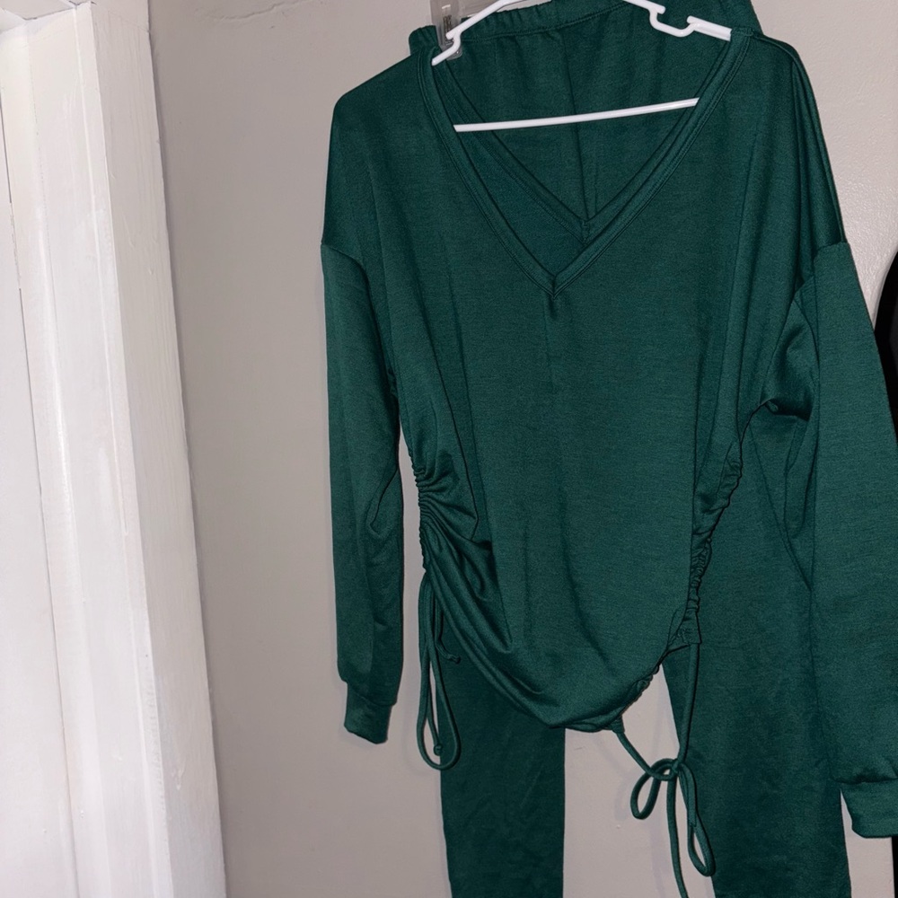 Green V-Neck Long Sleeve shirt and pants set